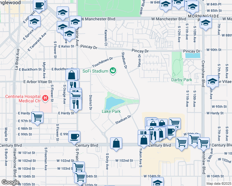map of restaurants, bars, coffee shops, grocery stores, and more near Unnamed Road in Inglewood