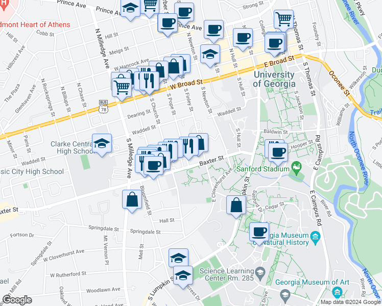 map of restaurants, bars, coffee shops, grocery stores, and more near 360 Baxter Street in Athens
