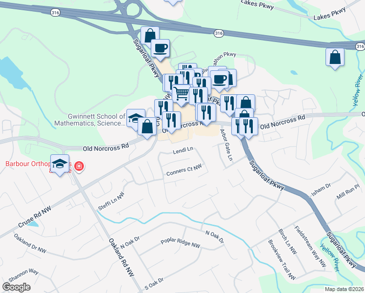 map of restaurants, bars, coffee shops, grocery stores, and more near 1030 Lendl Lane in Lawrenceville