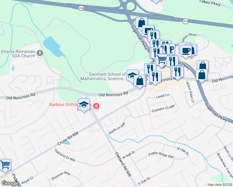 map of restaurants, bars, coffee shops, grocery stores, and more near 1982 Old Norcross Road in Lawrenceville