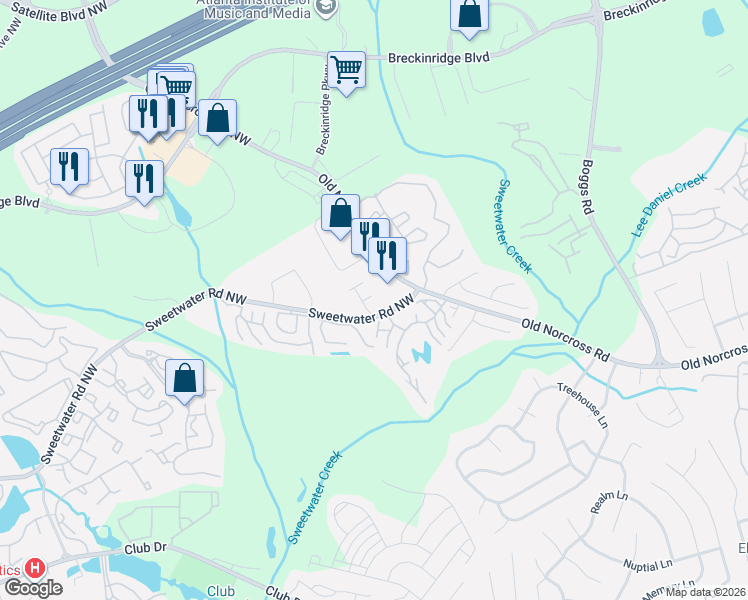 map of restaurants, bars, coffee shops, grocery stores, and more near 1526 Viero Drive in Lawrenceville