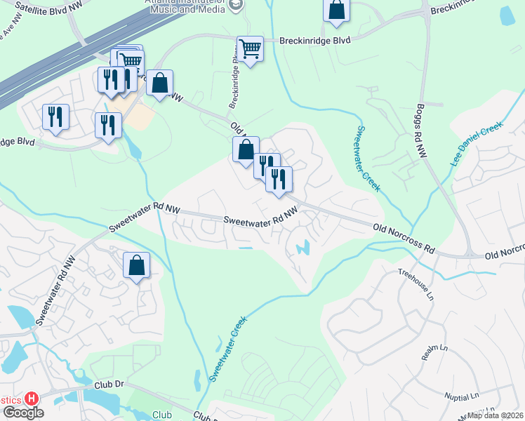 map of restaurants, bars, coffee shops, grocery stores, and more near 1526 Viero Drive in Lawrenceville