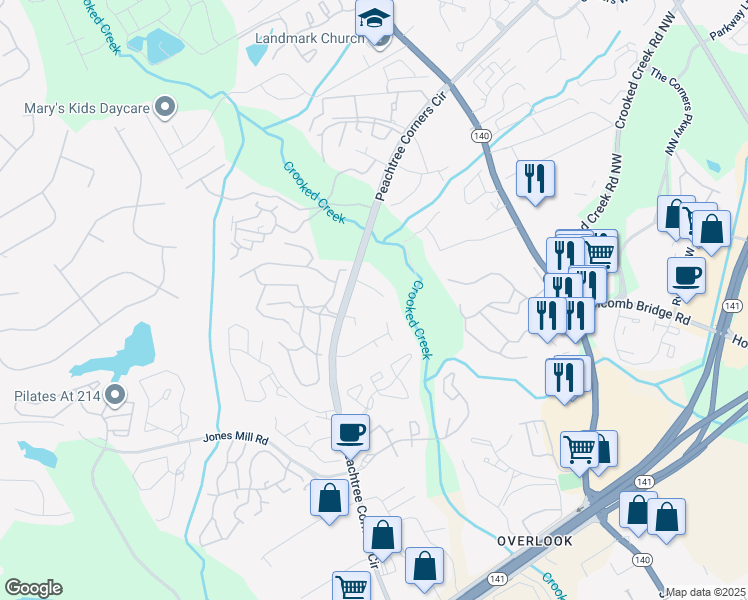 map of restaurants, bars, coffee shops, grocery stores, and more near 6494 Bannor Lane in Norcross