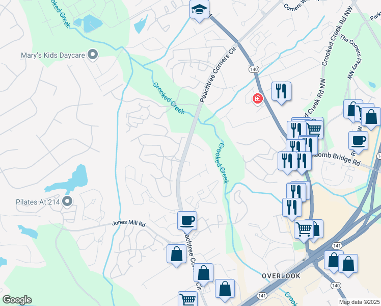 map of restaurants, bars, coffee shops, grocery stores, and more near 6494 Bannor Lane in Norcross