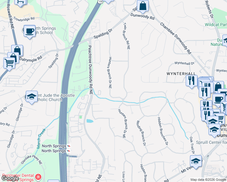 map of restaurants, bars, coffee shops, grocery stores, and more near 7185 Hunters Branch Drive Northeast in Atlanta