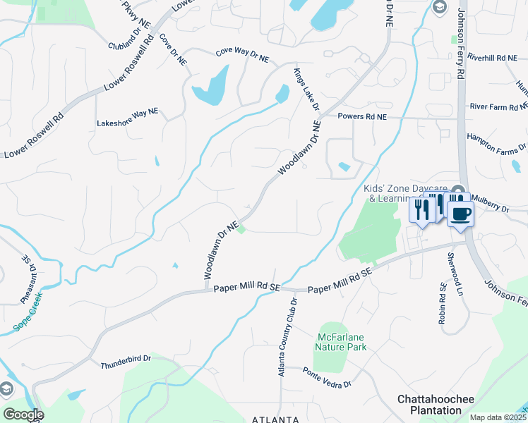 map of restaurants, bars, coffee shops, grocery stores, and more near 120 Woodlawn Drive Northeast in Marietta