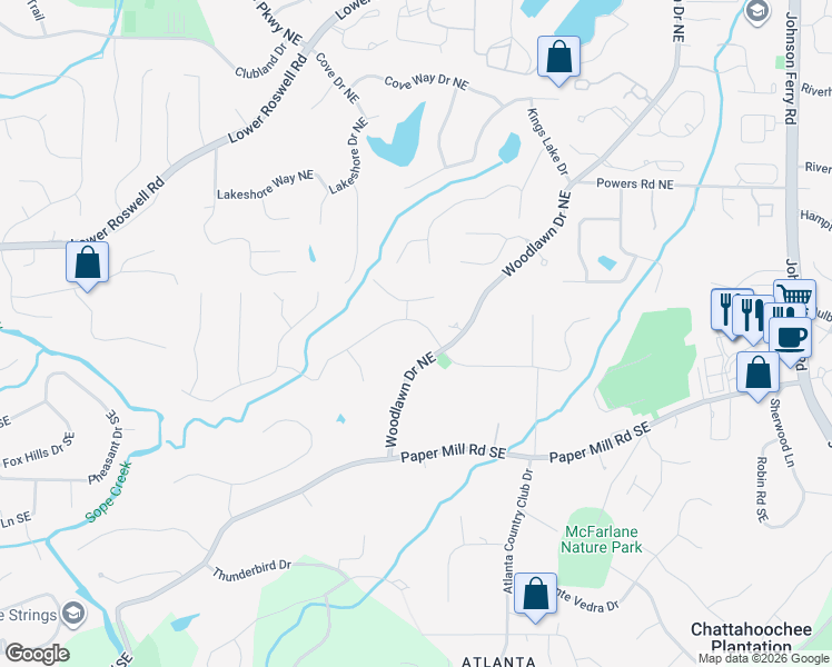 map of restaurants, bars, coffee shops, grocery stores, and more near 4300 Blackland Drive in Marietta