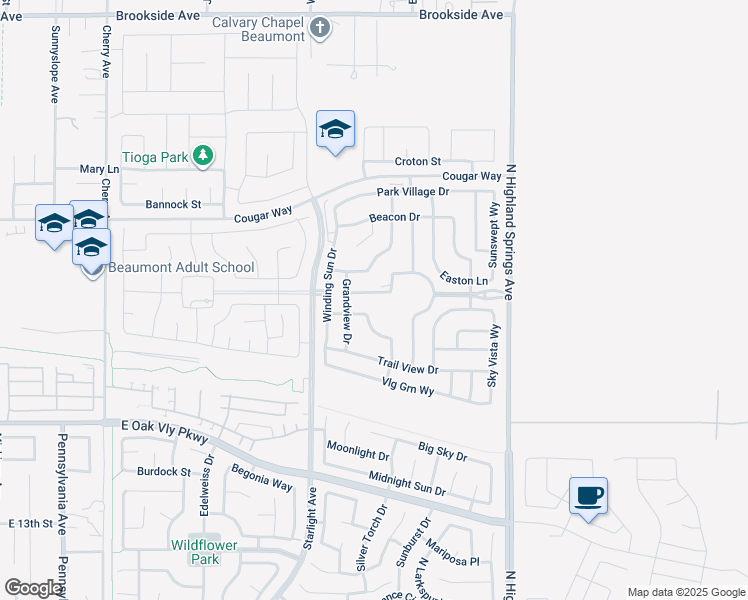 map of restaurants, bars, coffee shops, grocery stores, and more near 1525 Overpark Lane in Beaumont