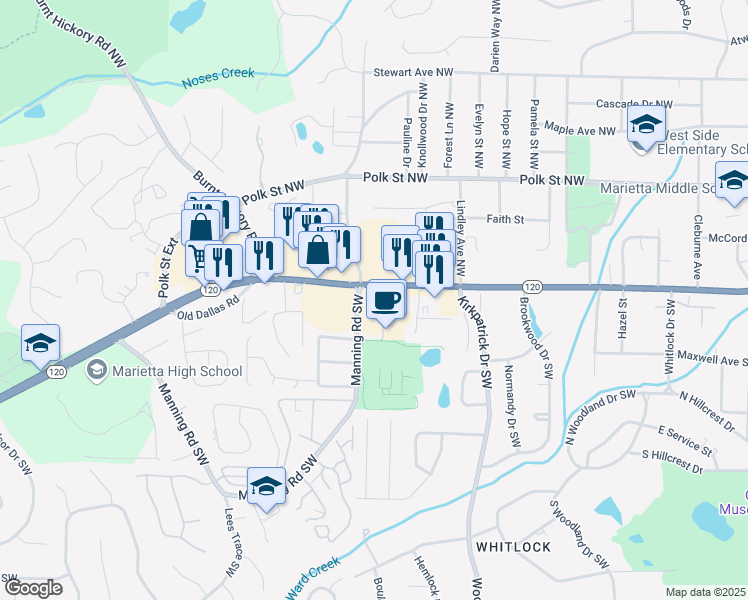 map of restaurants, bars, coffee shops, grocery stores, and more near 731 Whitlock Avenue Southwest in Marietta
