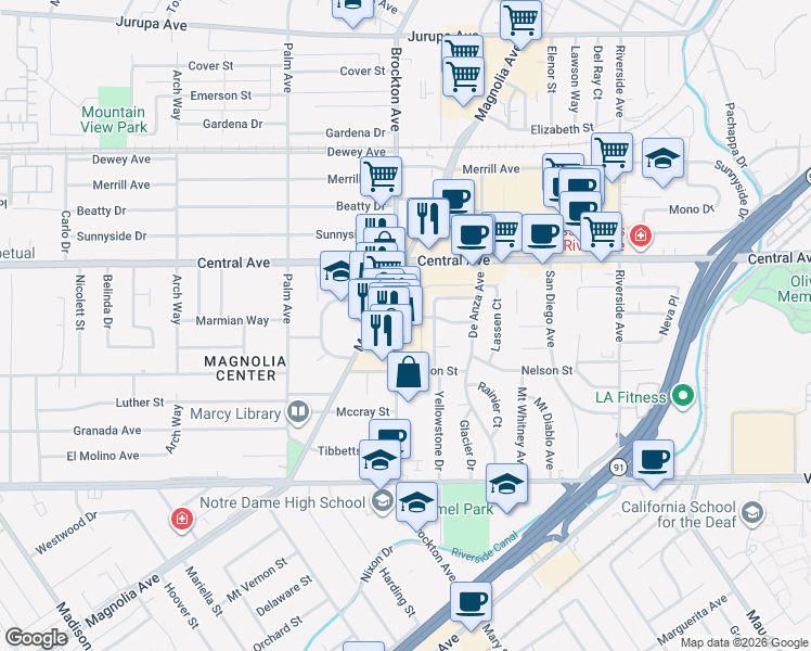 map of restaurants, bars, coffee shops, grocery stores, and more near 6714 Brockton Avenue in Riverside