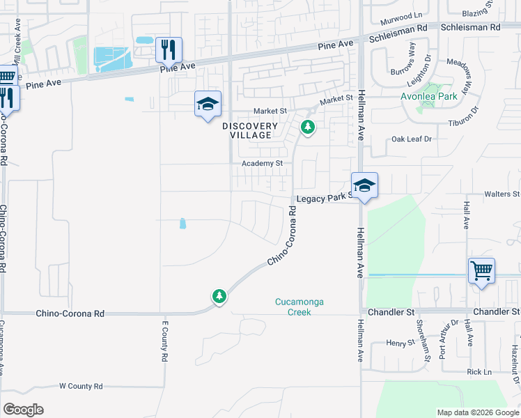 map of restaurants, bars, coffee shops, grocery stores, and more near 16661 Dara Avenue in Chino