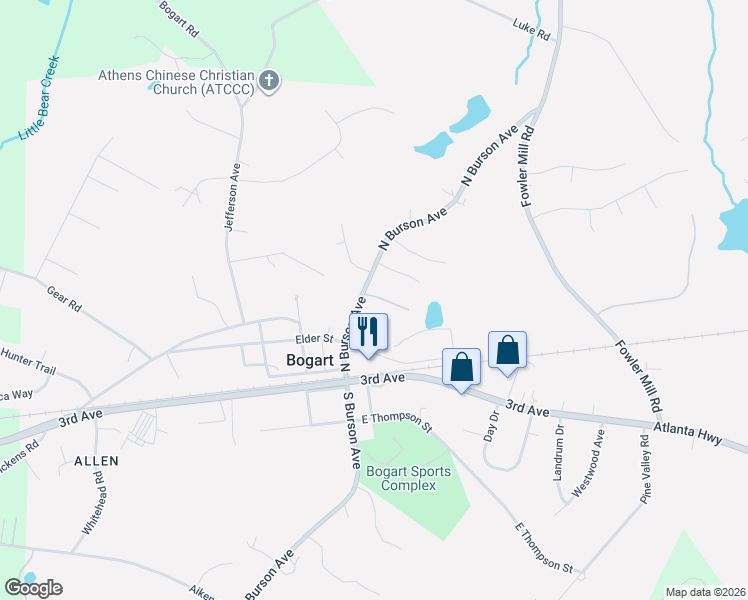 map of restaurants, bars, coffee shops, grocery stores, and more near 182 North Burson Avenue in Bogart