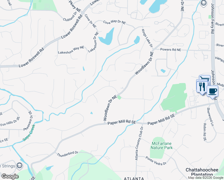map of restaurants, bars, coffee shops, grocery stores, and more near 4300 Blackland Drive in Marietta