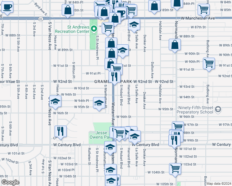 map of restaurants, bars, coffee shops, grocery stores, and more near 9318 South Western Avenue in Los Angeles