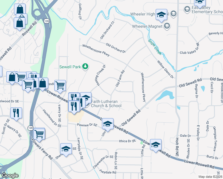 map of restaurants, bars, coffee shops, grocery stores, and more near 27 Old Farm Road in Marietta