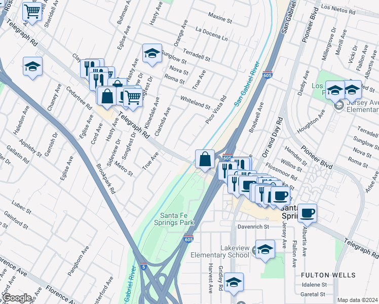 map of restaurants, bars, coffee shops, grocery stores, and more near 8912 Pico Vista Road in Pico Rivera