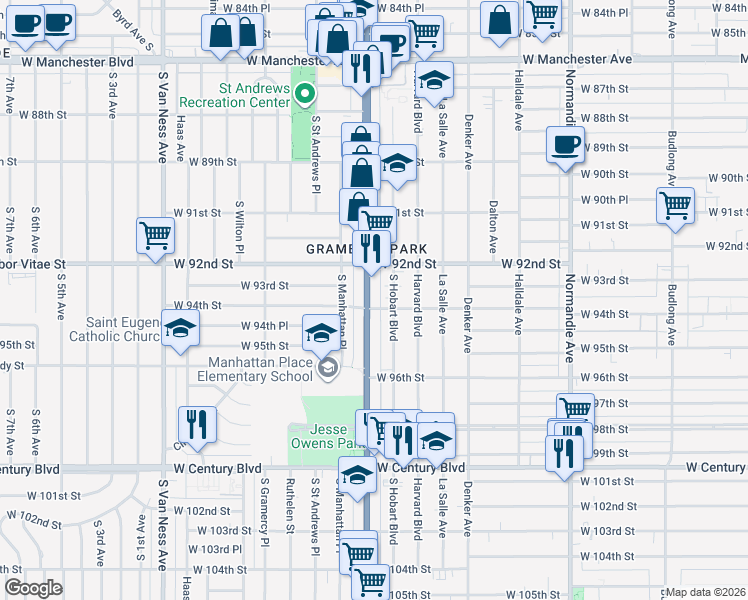 map of restaurants, bars, coffee shops, grocery stores, and more near 1754 West 94th Street in Los Angeles