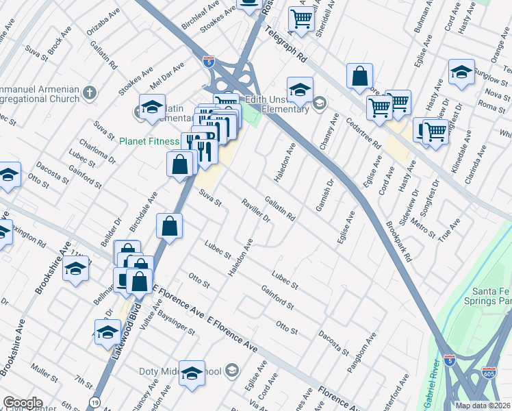 map of restaurants, bars, coffee shops, grocery stores, and more near 9145 Raviller Drive in Downey