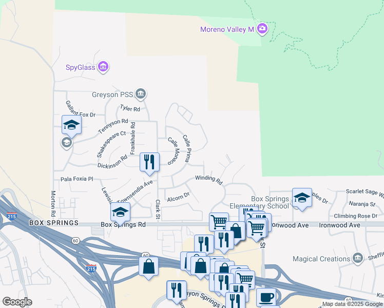 map of restaurants, bars, coffee shops, grocery stores, and more near 21701 Calle Prima in Moreno Valley