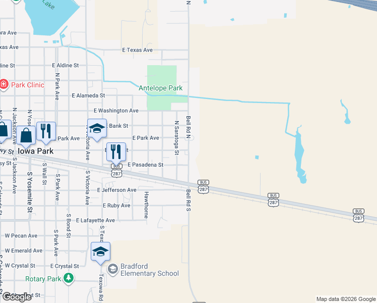 map of restaurants, bars, coffee shops, grocery stores, and more near 109 Bell Rd N in Iowa Park