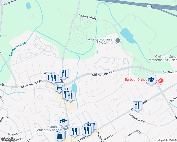 map of restaurants, bars, coffee shops, grocery stores, and more near 1192 Parkside Club Drive Northwest in Lawrenceville