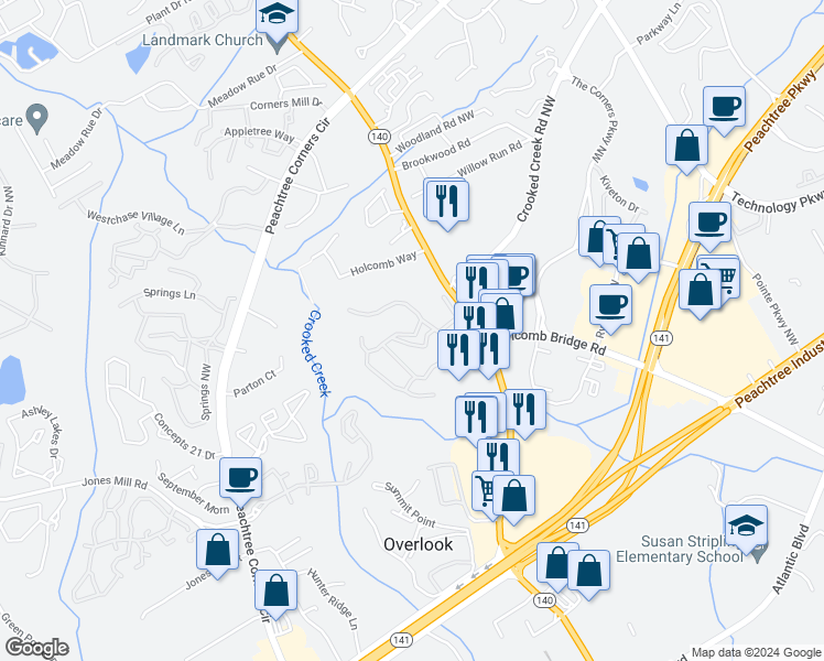 map of restaurants, bars, coffee shops, grocery stores, and more near 3383 Holcomb Bridge Road in Norcross