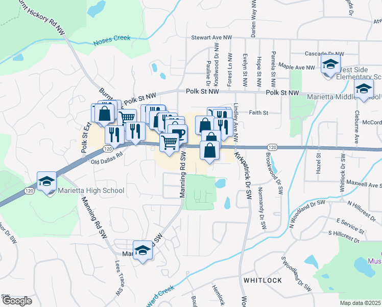 map of restaurants, bars, coffee shops, grocery stores, and more near 731 Whitlock Avenue Southwest in Marietta