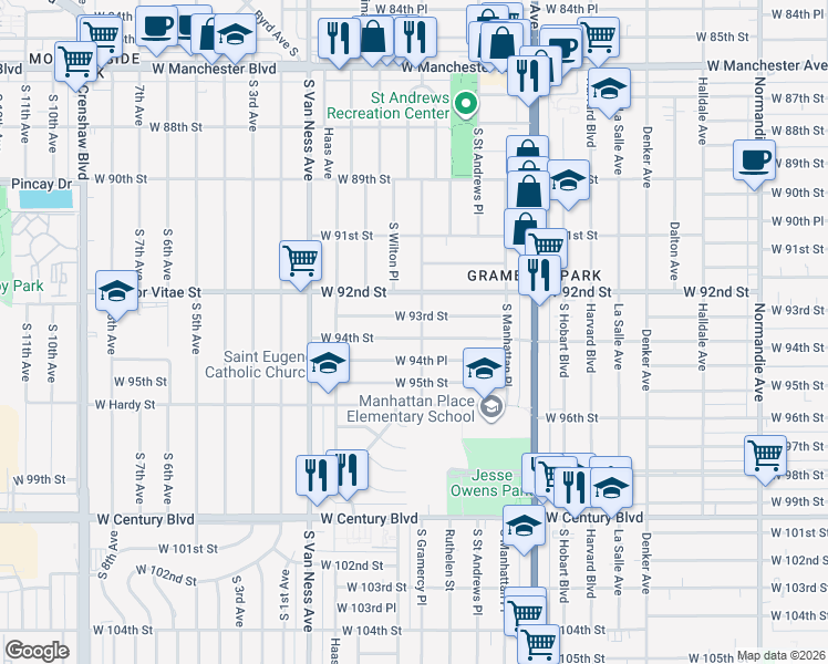 map of restaurants, bars, coffee shops, grocery stores, and more near 2007 West 94th Street in Los Angeles