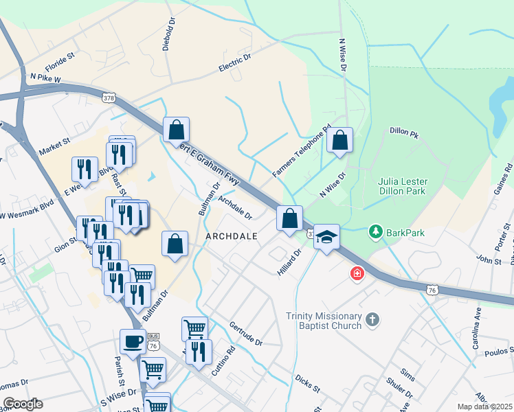 map of restaurants, bars, coffee shops, grocery stores, and more near 650 South Pike West in Sumter