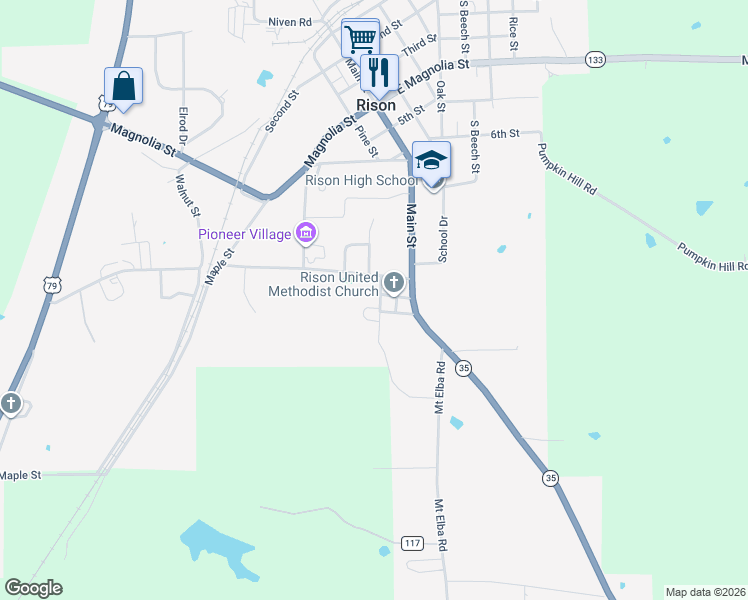 map of restaurants, bars, coffee shops, grocery stores, and more near 107 Doctor Sadler in Rison