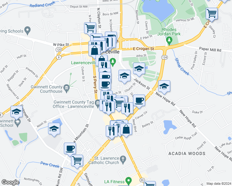map of restaurants, bars, coffee shops, grocery stores, and more near 241 Church Street in Lawrenceville