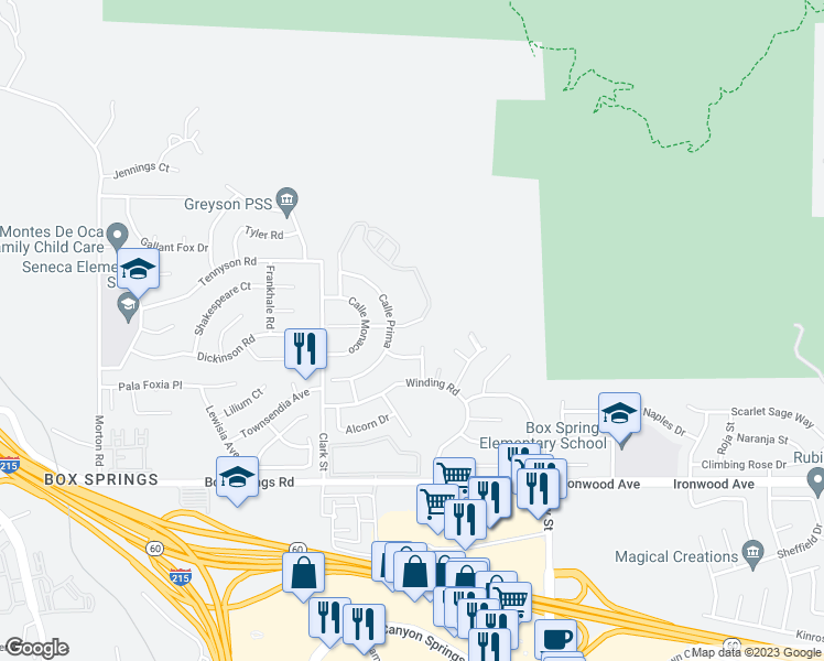 map of restaurants, bars, coffee shops, grocery stores, and more near 21695 Del Amo Street in Moreno Valley