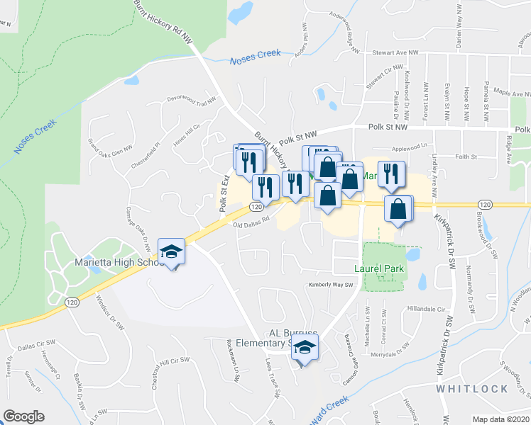 map of restaurants, bars, coffee shops, grocery stores, and more near 1025 Old Dallas Road in Marietta