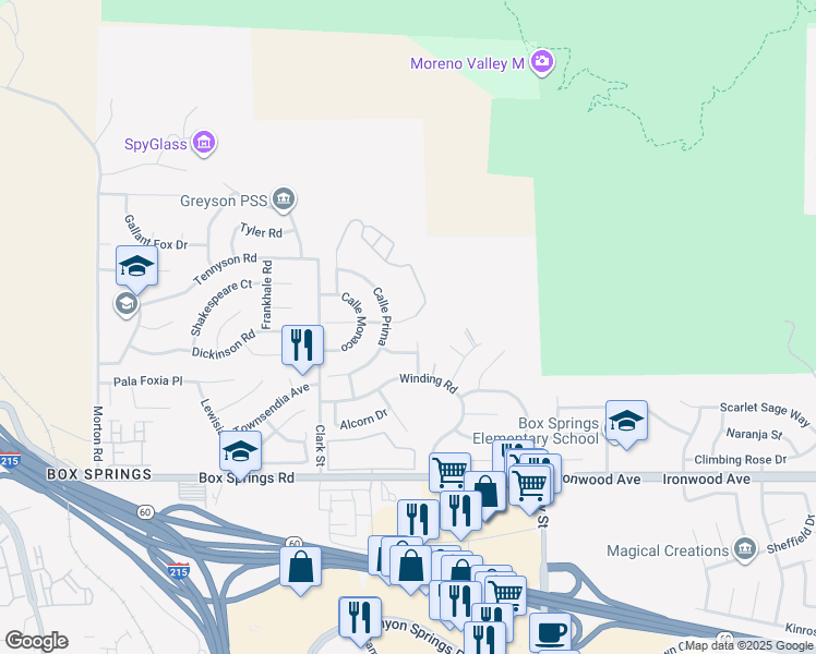map of restaurants, bars, coffee shops, grocery stores, and more near 21695 Del Amo Street in Moreno Valley