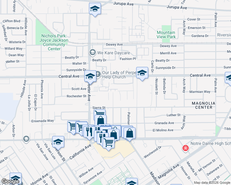 map of restaurants, bars, coffee shops, grocery stores, and more near 6725 Capistrano Way in Riverside