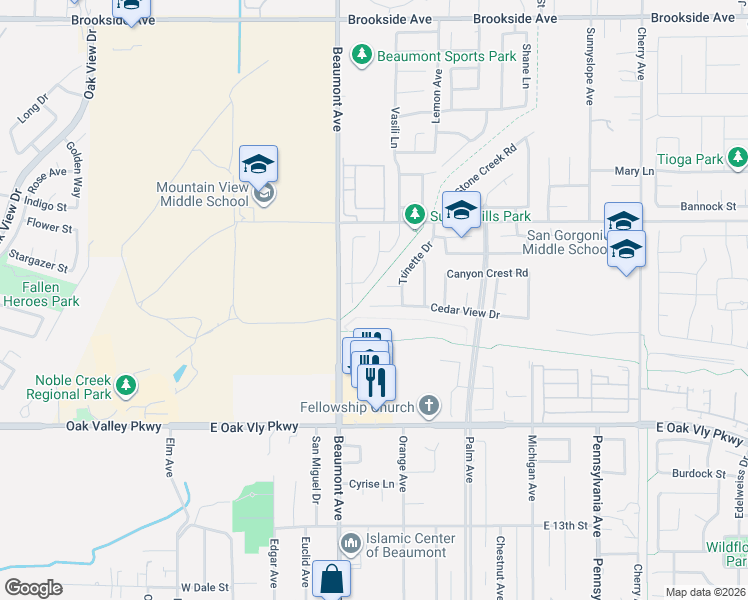 map of restaurants, bars, coffee shops, grocery stores, and more near 520 Cedar View Drive in Beaumont