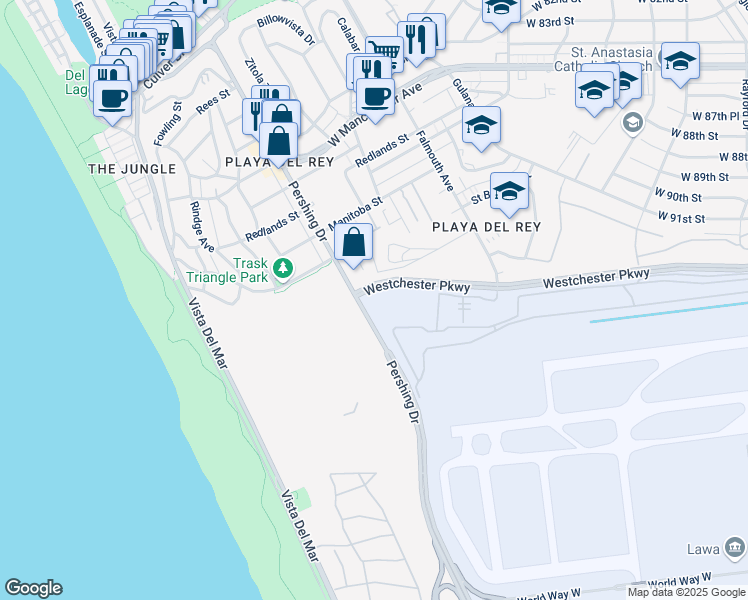map of restaurants, bars, coffee shops, grocery stores, and more near 9064-9092 Pershing Drive in Los Angeles