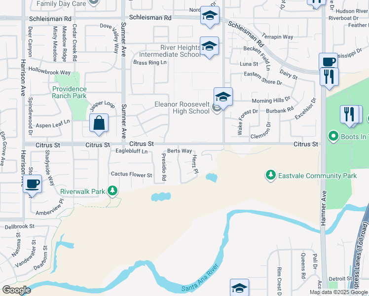 map of restaurants, bars, coffee shops, grocery stores, and more near 13156 Berts Way in Corona