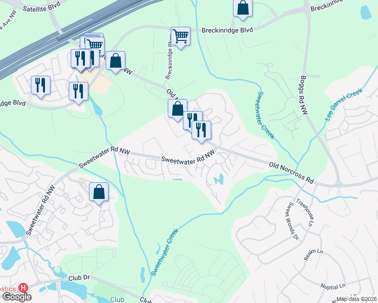 map of restaurants, bars, coffee shops, grocery stores, and more near 1526 Viero Drive in Lawrenceville