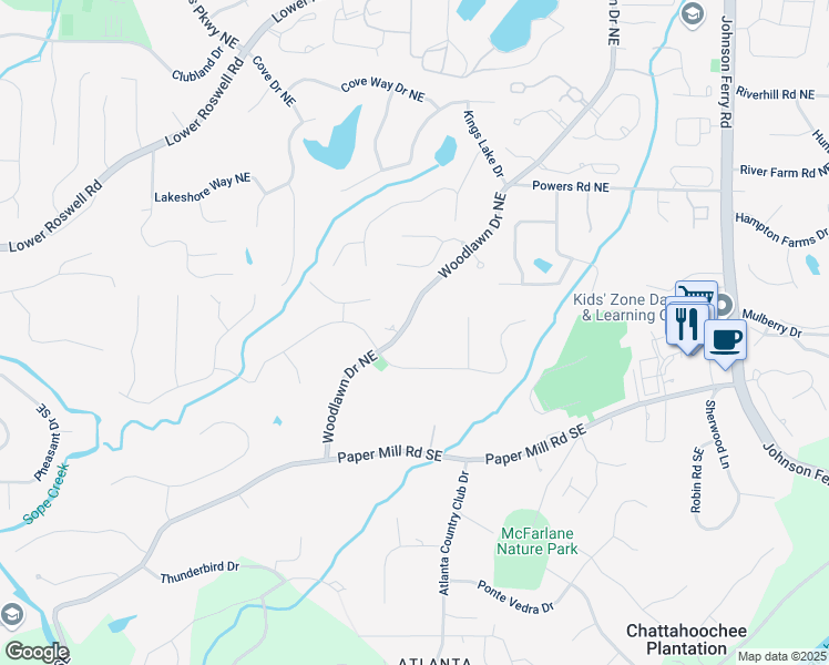 map of restaurants, bars, coffee shops, grocery stores, and more near 120 Woodlawn Drive Northeast in Marietta