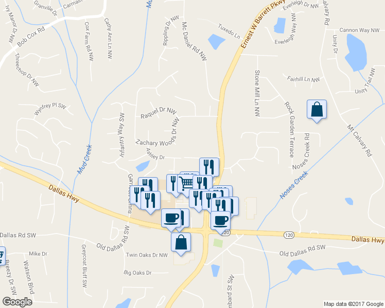 map of restaurants, bars, coffee shops, grocery stores, and more near 2470 Anderson Estates Court in Marietta