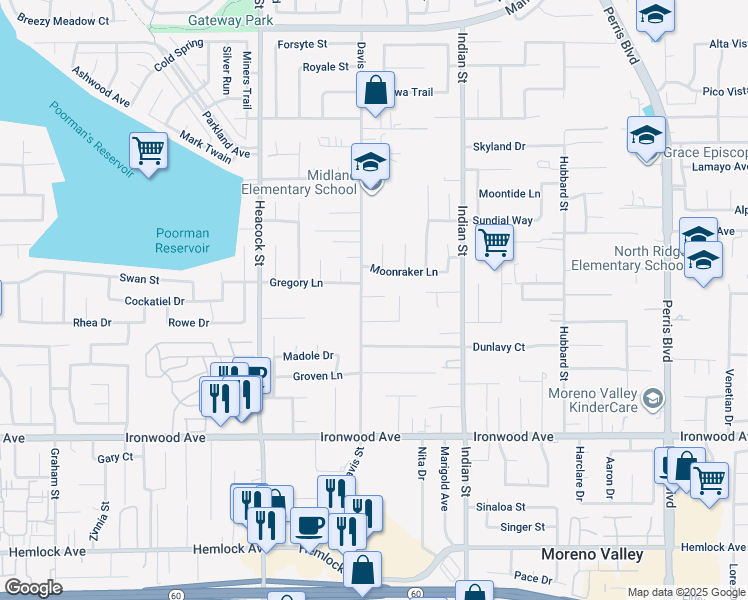 map of restaurants, bars, coffee shops, grocery stores, and more near 11664 Davis Street in Moreno Valley