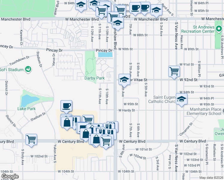 map of restaurants, bars, coffee shops, grocery stores, and more near 9333 Crenshaw Boulevard in Inglewood