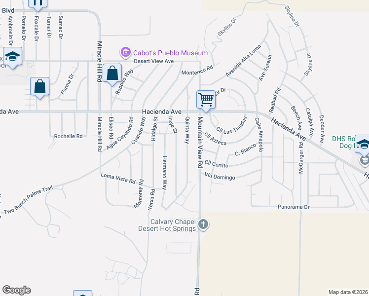 map of restaurants, bars, coffee shops, grocery stores, and more near 13445 Quinta Way in Desert Hot Springs