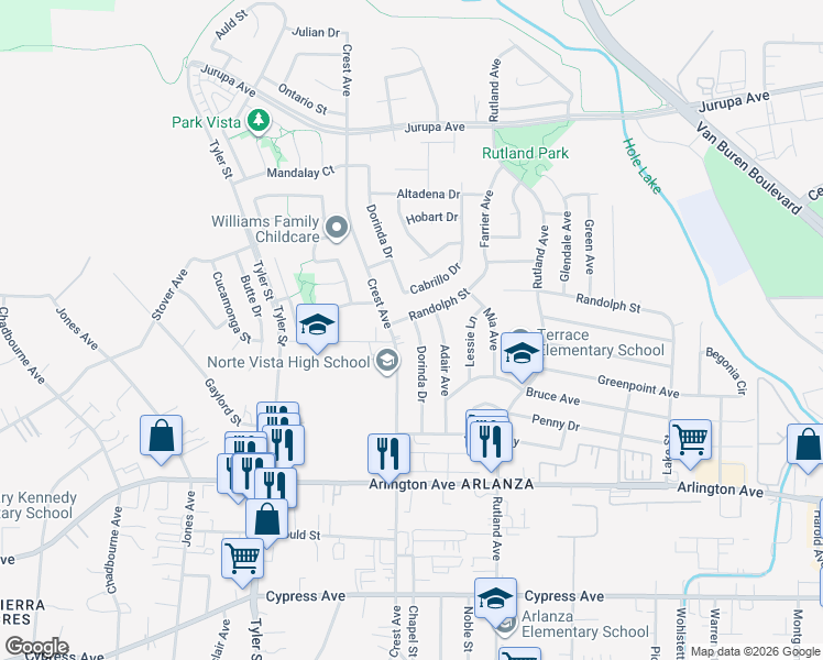 map of restaurants, bars, coffee shops, grocery stores, and more near 6666 Crest Avenue in Riverside