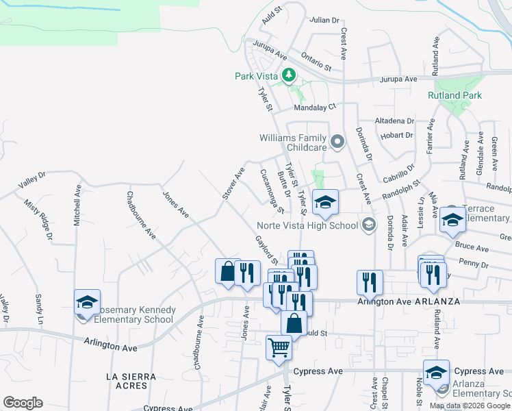 map of restaurants, bars, coffee shops, grocery stores, and more near 10364 Novato Way in Riverside