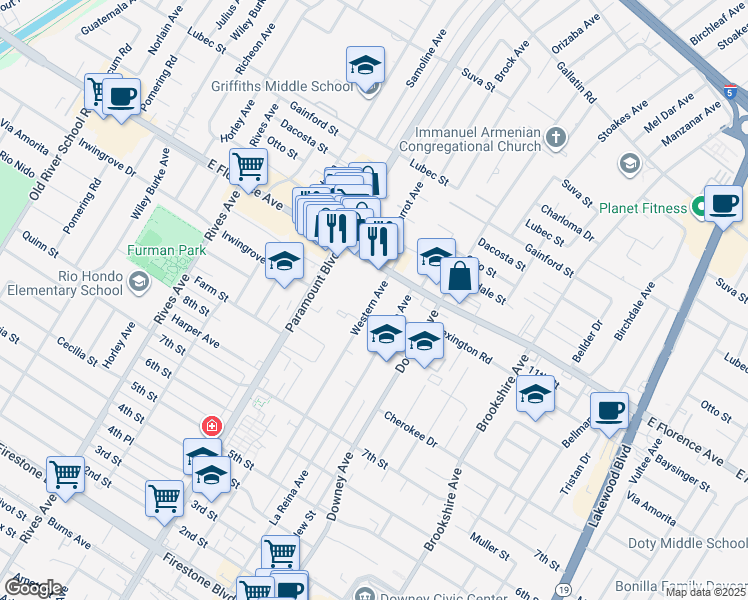 map of restaurants, bars, coffee shops, grocery stores, and more near 10247 La Reina Avenue in Downey