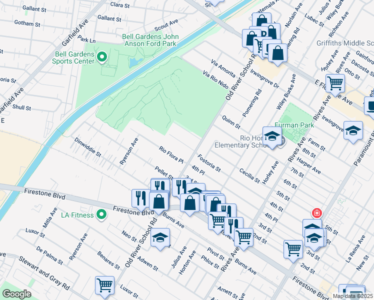 map of restaurants, bars, coffee shops, grocery stores, and more near 7370 Rio Hondo Place in Downey