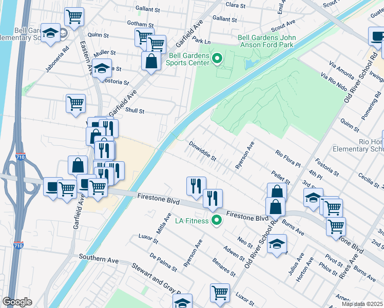 map of restaurants, bars, coffee shops, grocery stores, and more near 7034 Dinwiddie Street in Downey
