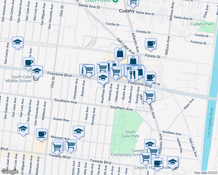 map of restaurants, bars, coffee shops, grocery stores, and more near 8946 Annetta Avenue in South Gate